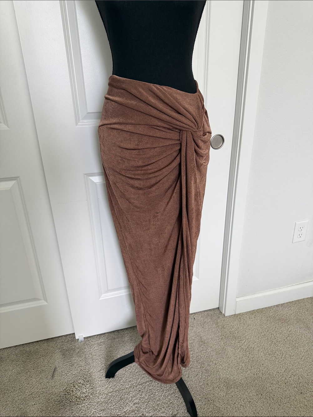 JLUXLABEL Brown Draped Maxi Skirt with Side Knot Detail